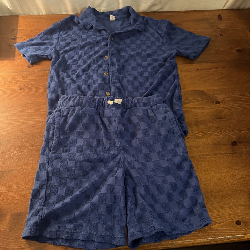 OLD NAVY BOYS 10-12 Blue Checkered Terry Cloth Cotton Blend 2 Piece Set